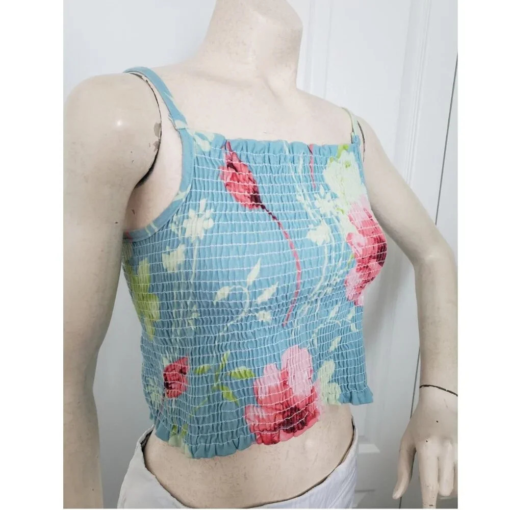 French Kiss Blue floral stretchy tank top crop top junior  LARGE womens SMALL